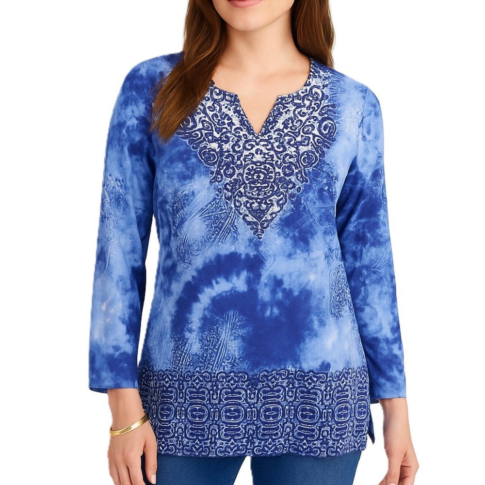 One World Womens Blue Beaded Tunic Top S Boho Tie Dye Long Sleeve Blouse